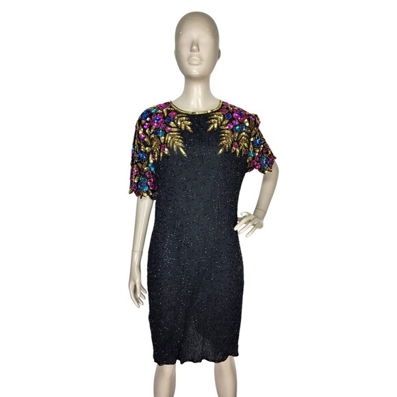 Vintage 80s STENAY Art Deco Sequined Beaded 100% Silk Party Dress Size 10 India - Picture 3 of 9